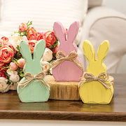 Distressed Chunky Wooden Pastel Bunny Sitter with Raffia Bow  (3 Count Assortment)