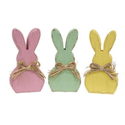 Distressed Chunky Wooden Pastel Bunny Sitter with Raffia Bow  (3 Count Assortment)