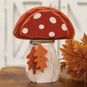 Distressed Chunky Wooden Mushroom with Leaves Sitter