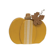 Distressed Chunky Wooden Feed Sack Stripe Pumpkin with Leaves Sitter  (3 Count Assortment)