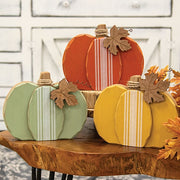 Distressed Chunky Wooden Feed Sack Stripe Pumpkin with Leaves Sitter  (3 Count Assortment)