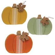 Distressed Chunky Wooden Feed Sack Stripe Pumpkin with Leaves Sitter  (3 Count Assortment)