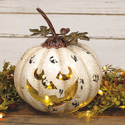 Distressed Antique White Metal LED Jack O Lantern Luminary