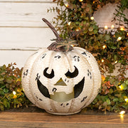Distressed Antique White Metal LED Jack O Lantern Luminary