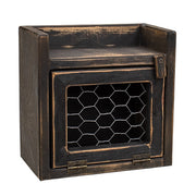 Distressed Wood Cresset Box with Chicken Wire - Black