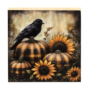 Crow With Plaid Pumpkins & Sunflowers Block - 6" Sq.