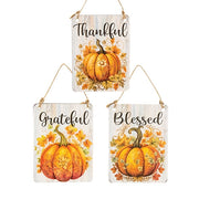 Thankful Grateful Blessed Floral Pumpkin Rectangle Ornament  (3 Count Assortment)