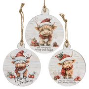 Merry Christmas Baby Highland Round Wooden Ornament  (3 Count Assortment)