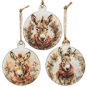 Winter Woodland Donkey Round Wooden Ornament  (3 Count Assortment)