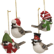 Festive Resin Bird with Hat Ornament  (4 Count Assortment)