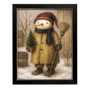 Woodland Snowman with Broom & Potted Pine Framed Print - 10x8
