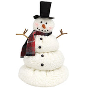 White Sherpa Melting Snowman with Top Hat & Plaid Scarf - 12"H