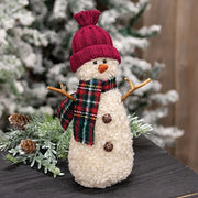 Burgundy Hat Snowman with Green & Red Plaid Scarf - 9.5"H