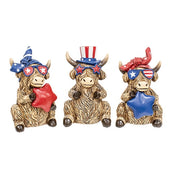 Resin Patriotic Highland Cow Sitter  (3 Count Assortment)