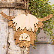 Wooden Howdy Highland Ornament