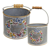 Butterfly Floral Spring Distressed Metal Buckets (Set of 2)