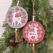 Yuletide Folklore Round Wooden Reindeer Ornament  (2 Count Assortment)