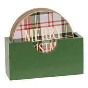 Wooden Plaid Christmas Coasters with Holder (Set of 5)