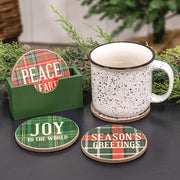 Wooden Plaid Christmas Coasters with Holder (Set of 5)
