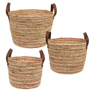 Woven Natural and Rose Seagrass Baskets (Set of 3)