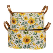 Oval Metal Sunflowers Buckets With Handles (Set of 2)