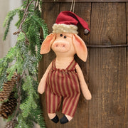 Stuffed Santa Pig In Ticking Stripe Overalls Hanger