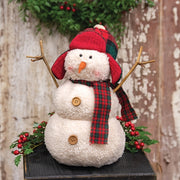 Stuffed Sherpa Snowman with Red & Green Plaid Hunting Hat & Scarf