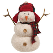 Stuffed Sherpa Snowman with Red & Green Plaid Hunting Hat & Scarf