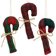 Stuffed Red & Green Plaid Candy Cane - 6.5"H  (3 Count Assortment)