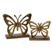 Antiqued Metal Butterflies On Dark Wooden Stands (Set of 2)