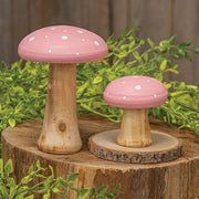 White Dotted Pink Wooden Mushrooms (Set of 2)