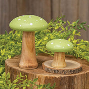 White Dotted Green Wooden Mushrooms (Set of 2)