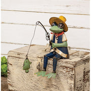 Recycled Metal Louis Frog With Fishing Pole