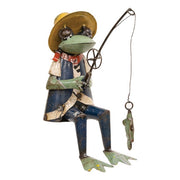 Recycled Metal Louis Frog With Fishing Pole