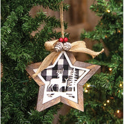 Wooden Black/White Plaid Deer Scene Star Ornament
