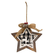 Wooden Black/White Plaid Deer Scene Star Ornament