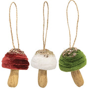 Velvet Glittered Mushroom Ornament  (3 Count Assortment)