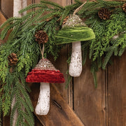 Velvet Glittered Mushroom Ornament 5.5"  (2 Count Assortment)