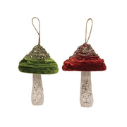 Velvet Glittered Mushroom Ornament 5.5"  (2 Count Assortment)