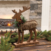 Wooden Reindeer on Stand with Fur 13.5"