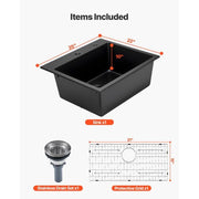 25 inch Kitchen Sink Workstation, Top Mount Granite Sinks, Drop-In Single Bowl Farmhouse Basin with Multiple Accessories, Household Dishwasher Sinks for RV, Prep Kitchen, and Bar (Black)