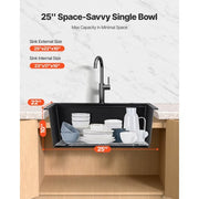 25 inch Kitchen Sink Workstation, Top Mount Granite Sinks, Drop-In Single Bowl Farmhouse Basin with Multiple Accessories, Household Dishwasher Sinks for RV, Prep Kitchen, and Bar (Black)
