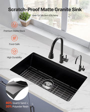 30 inch Kitchen Sink Workstation, Undermount Granite Sink, Drop-In Single Bowl Farmhouse Basin with Multiple Accessories, Household Dishwasher Sinks for RV, Prep Kitchen, and Bar (Black)