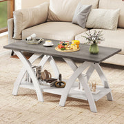 40 Inch Farmhouse Wooden Coffee Table with Storage Shelf with X-shaped Legs-Gray
