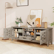 Farmhouse TV Stand for 65 Inch TVs with 2 Woven Accent Doors and 3 Adjustable Shelves-Oak - Color: Oak