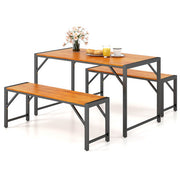 3 Pieces Patio Dining Set with Acacia Wood Dining Table and 2 Benches