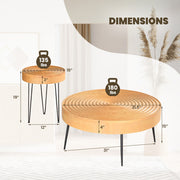 Set of 2 Solid Wood Farmhouse Round Coffee Tables-Ring Pattern