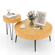 Set of 2 Solid Wood Farmhouse Round Coffee Tables-Ring Pattern