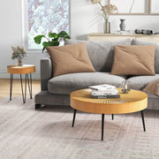 Set of 2 Solid Wood Farmhouse Round Coffee Tables-Ring Pattern