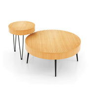 Set of 2 Solid Wood Farmhouse Round Coffee Tables-Ring Pattern